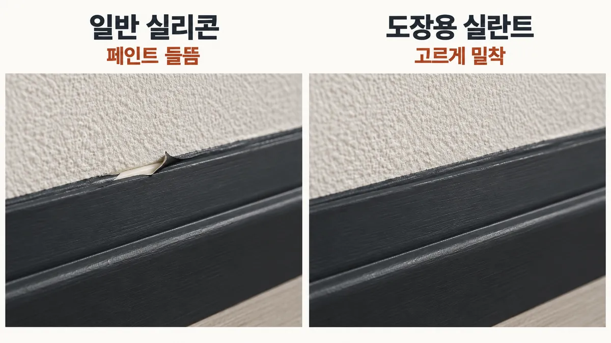 일반 실리콘 위 페인트 들뜸과 도장용 실란트 위 고르게 밀착된 페인트를 비교한 개념 이미지