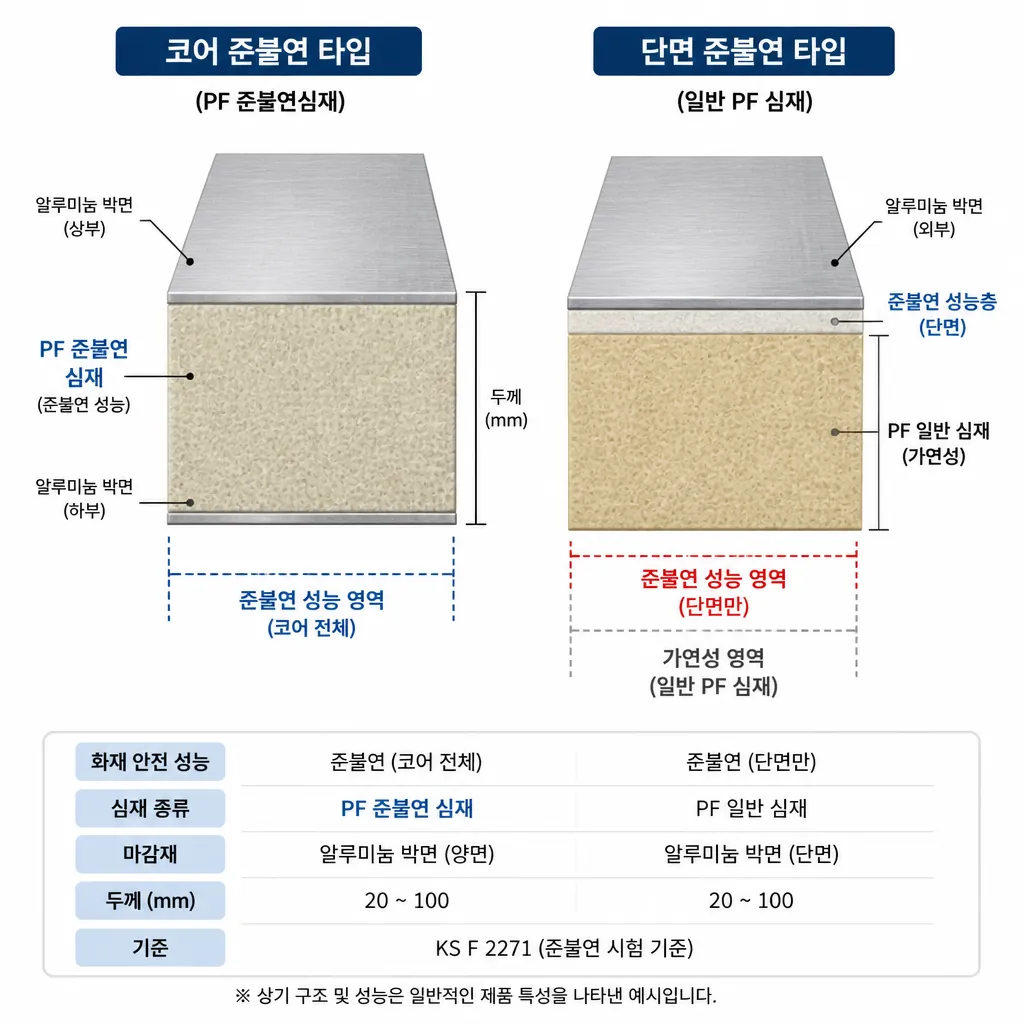 PF보드 심재준불연과 일면준불연 단면 비교 사진