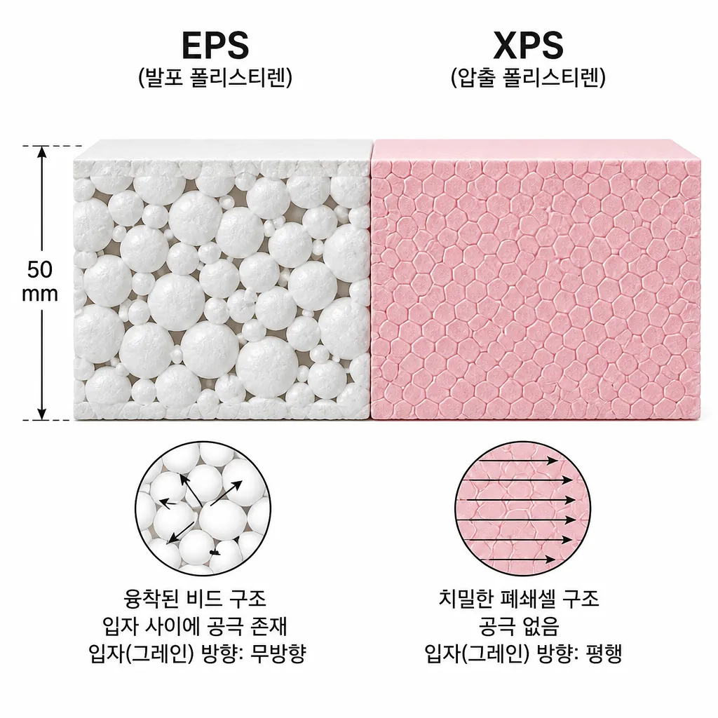 비드법보온판과 압출법보온판 단면 비교 사진