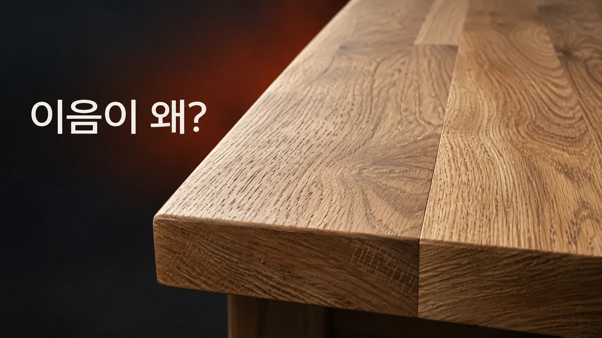 오크 상판에서 결이 달라지는 닫힌 이음과 이음이 왜 문구를 보여주는 AI 개념 이미지