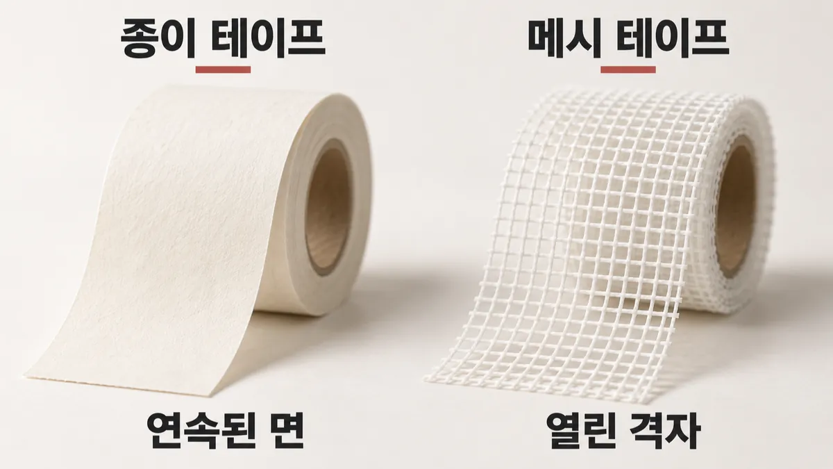종이 테이프의 연속된 면과 메시 테이프의 열린 격자를 나란히 비교한 AI 생성 이미지