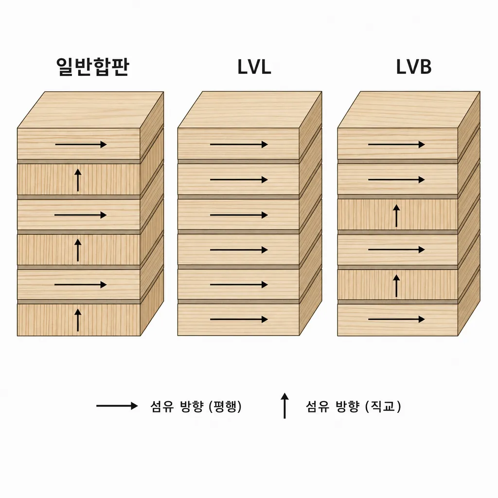 LVB, LVL, 일반합판 단면 구조 비교 사진