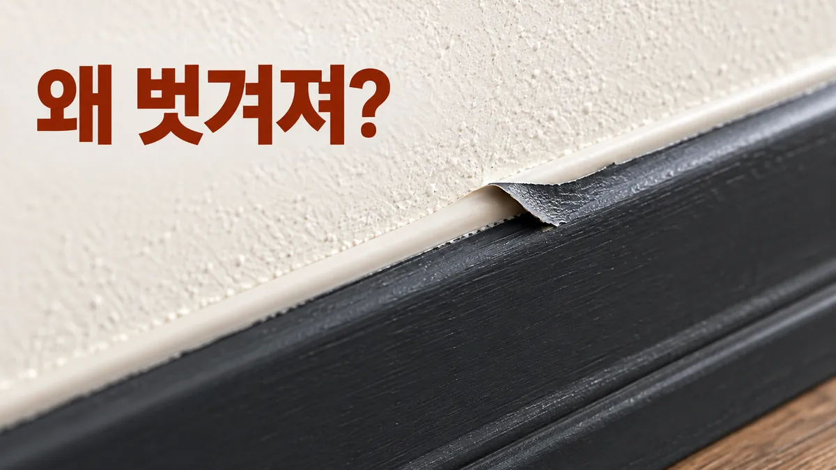걸레받이와 벽의 실리콘 이음부에서 페인트 막이 들뜬 장면과 왜 벗겨져 문구