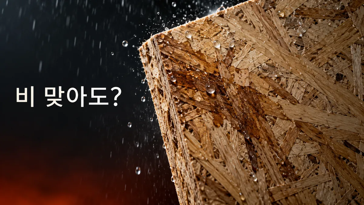 비 맞아도?라는 문구와 빗물이 닿아 일부가 젖은 OSB 표면의 AI 생성 이미지